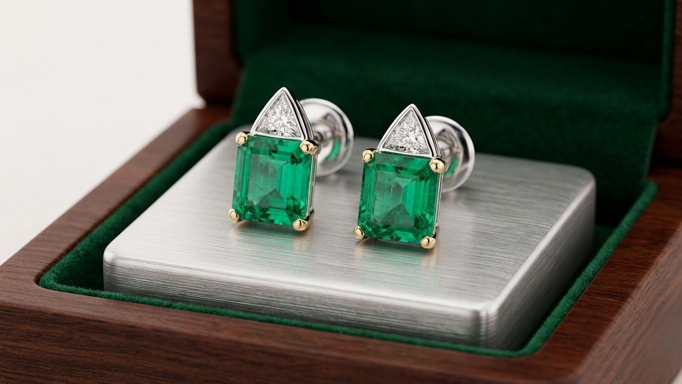 Fine 8 Carat Colombian Emerald Diamond Stud Earrings