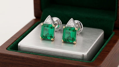 Fine 8 Carat Colombian Emerald Diamond Stud Earrings