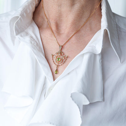 Antique Edwardian Peridot and Seed Pearl Pendant Necklace 9ct Gold - 1909