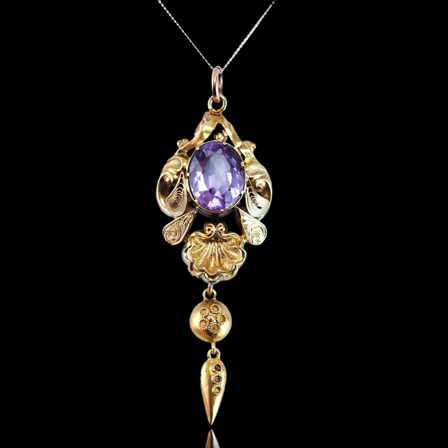Antique Victorian Amethyst Pendant Necklace 14K Gold - 19th c.