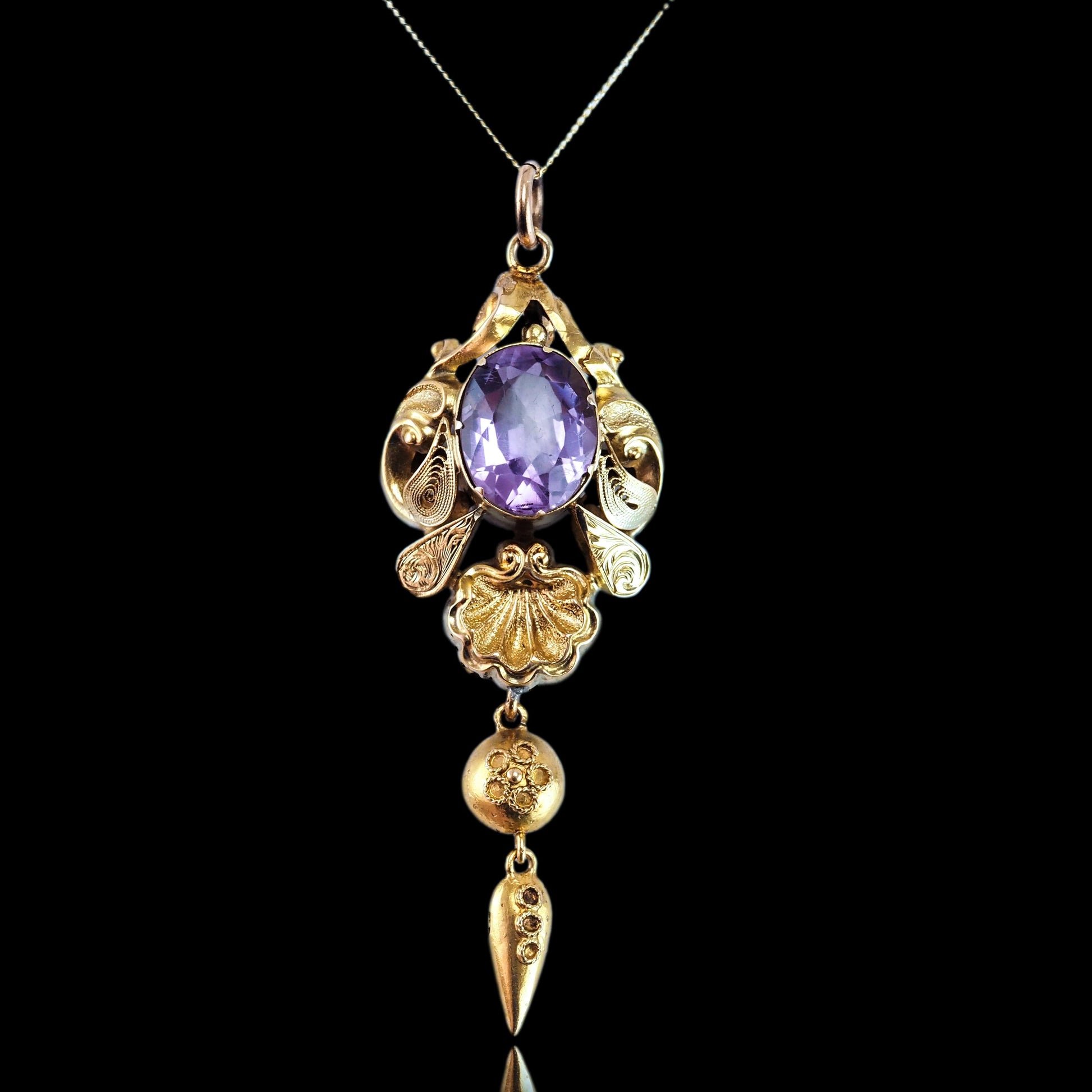 Antique Victorian Amethyst Pendant Necklace 14K Gold - 19th c.