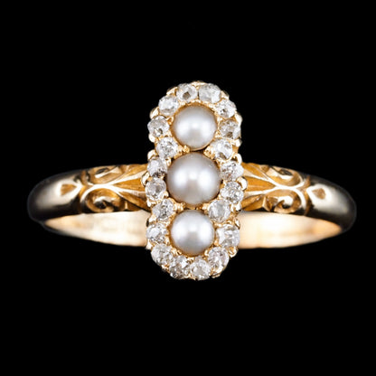 Antique Victorian Diamond and Pearl Triple Cluster Ring 18ct Gold - c.1900