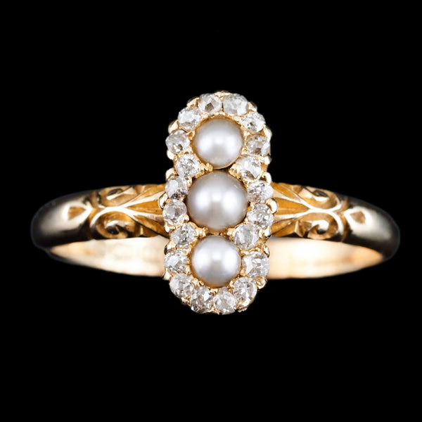 Antique Victorian Diamond and Pearl Triple Cluster Ring 18ct Gold - c.1900