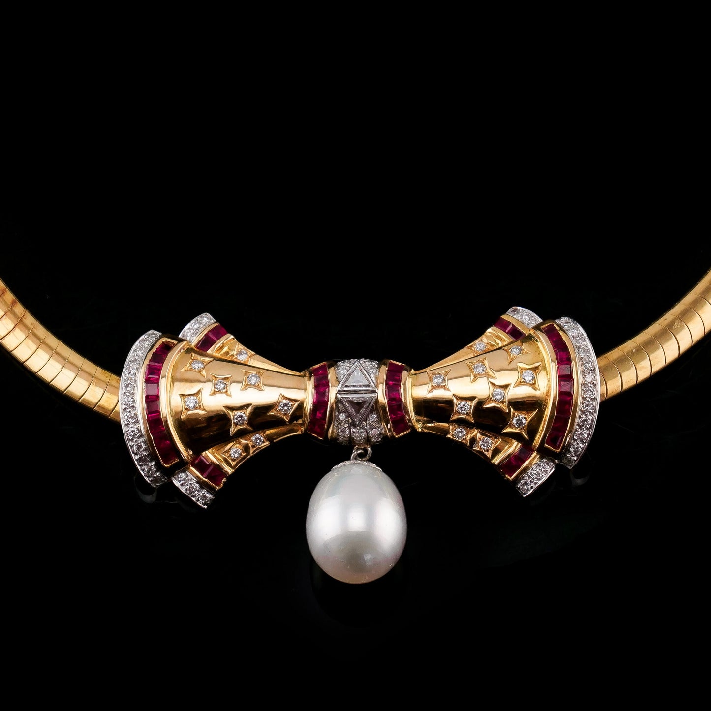A Fine Vintage 18ct Gold Ruby Diamond and Pearl Bow Necklace