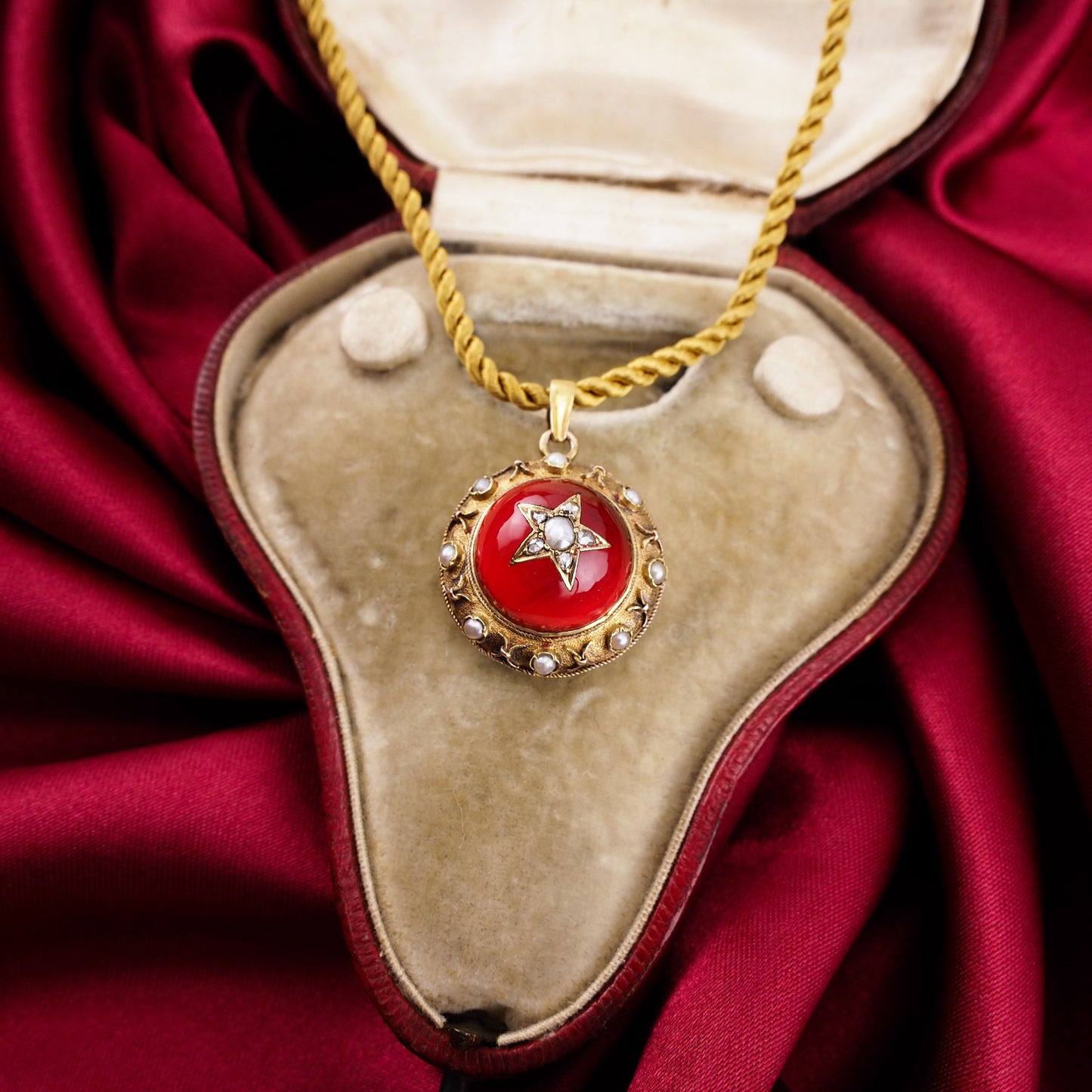 Antique Victorian Diamond & Pearl Star Necklace with Red Rock Crystal Cabochon 15ct Gold - c.1880