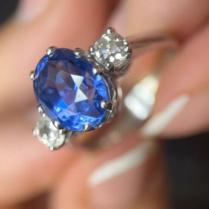 7.47 Carat Ceylon Sapphire Trilogy Ring In Platinum