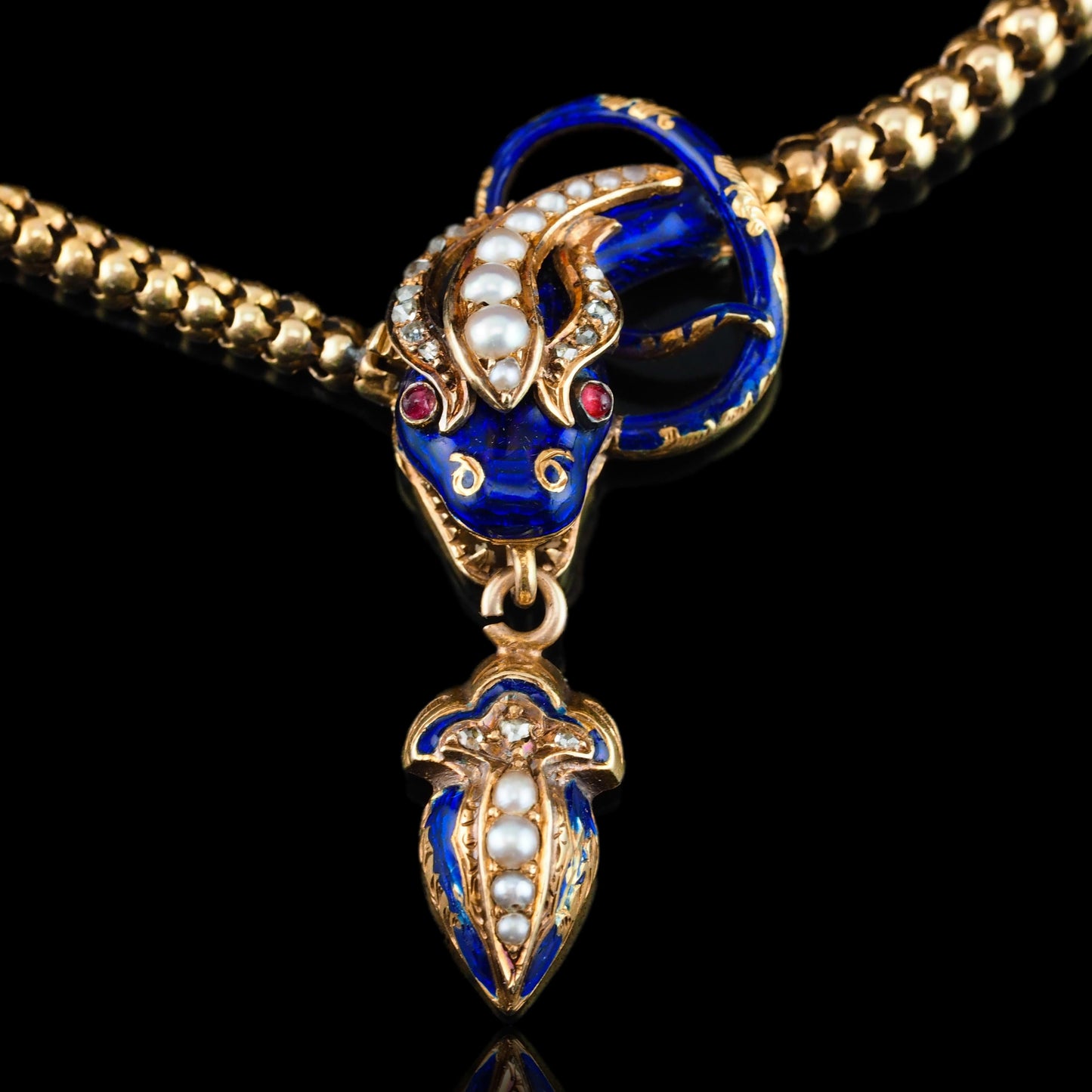 Victorian Antique Gold Snake Serpent Necklace with Diamond Pearl and Blue Enamel, Circa 1860