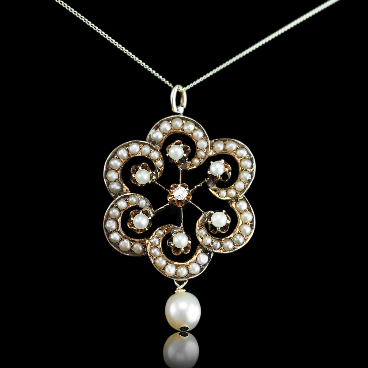 Antique Victorian Diamond & Pearl Pendant Necklace 14K Gold - c.1900