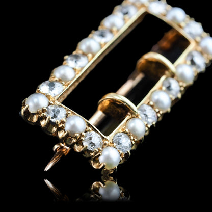 Antique Victorian Diamond Pearl Brooch/Pendant Buckle Shape 18K Gold - c.1890
