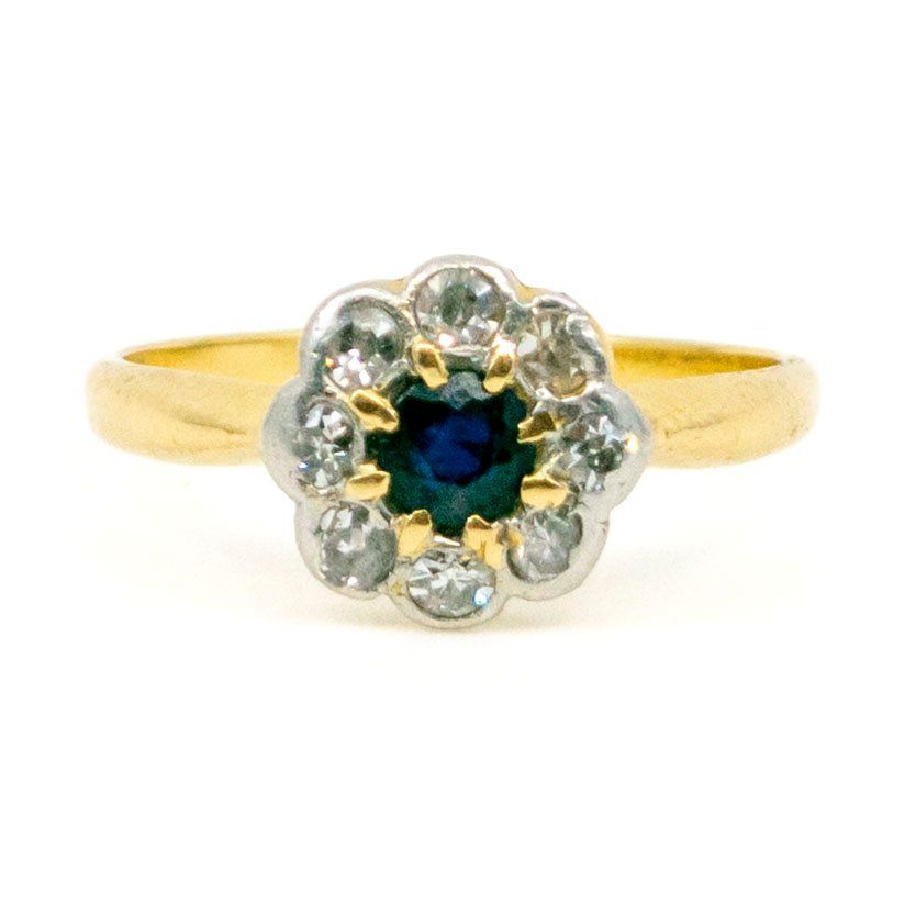Vintage Sapphire and Old Mine Cut Diamond Cluster Engagement Ring