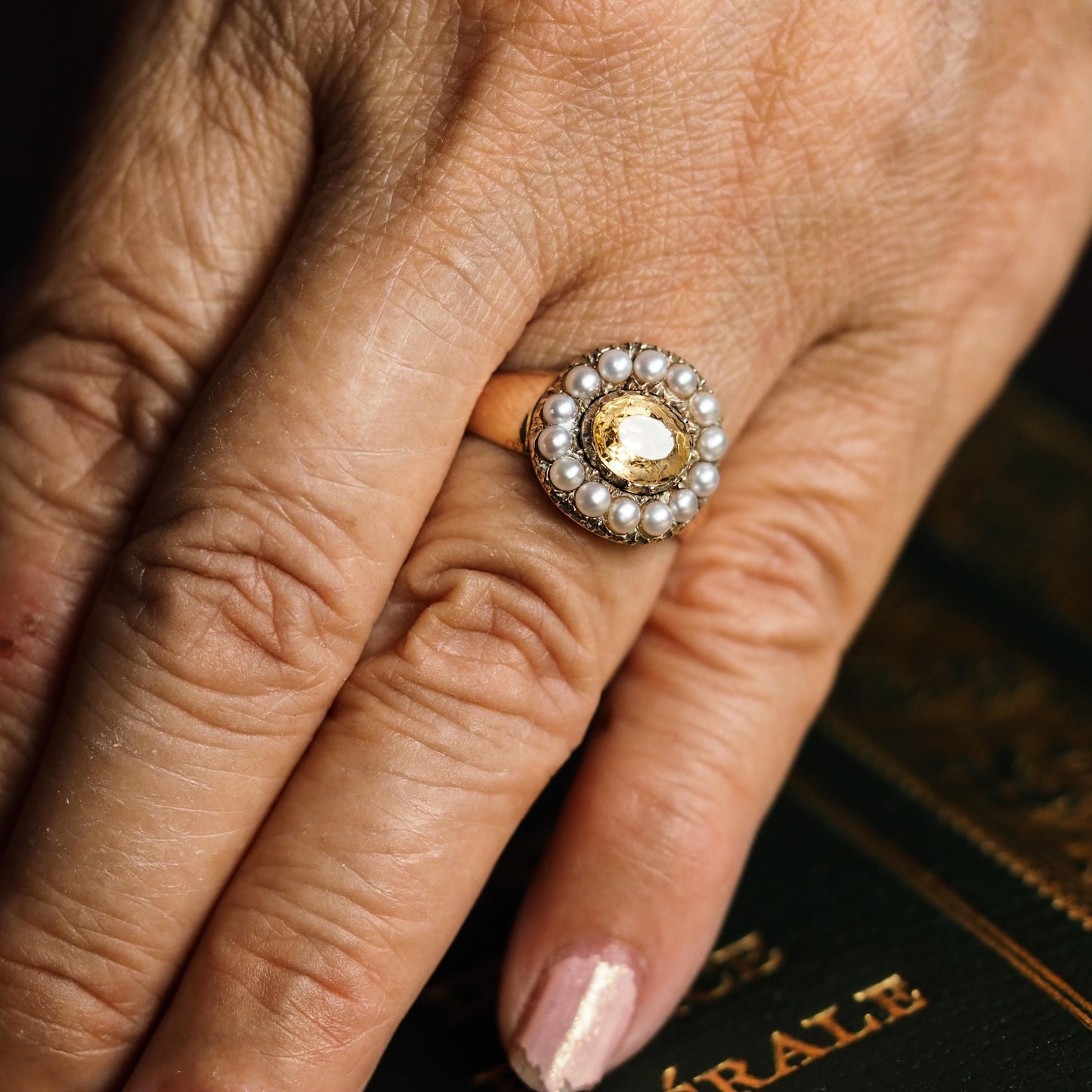 Georgian Antique Citrine and Pearl Cluster Ring