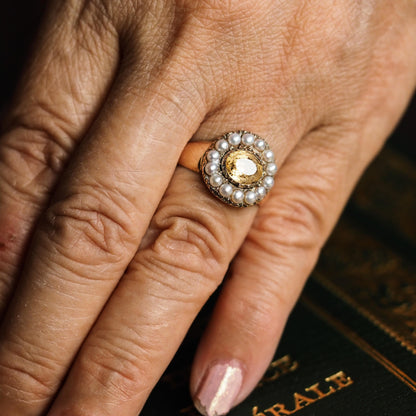 Georgian Antique Citrine and Pearl Cluster Ring