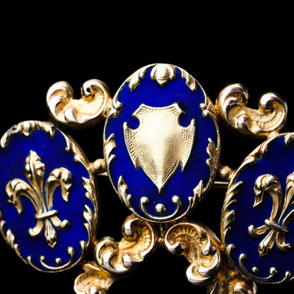 Antique Blue Enamel Fleur de Lys 18ct Gold Brooch in Triple Cartouche Design