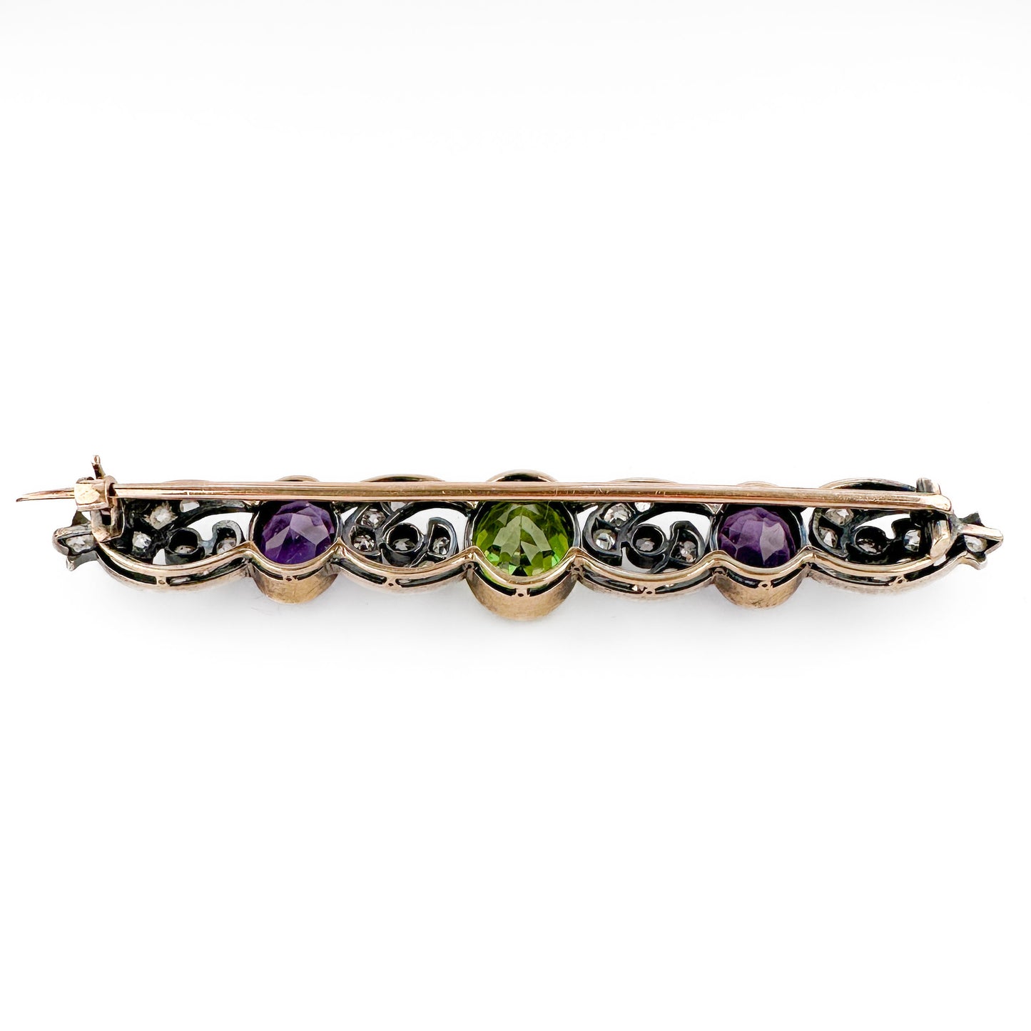 Edwardian Antique Suffragette Style Amethyst Peridot Diamond Brooch