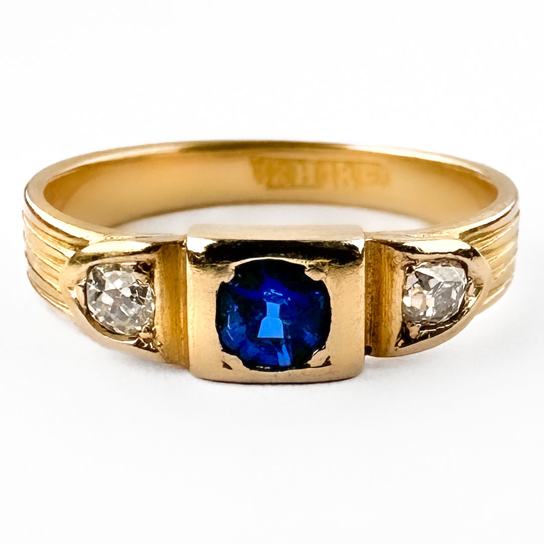 Edwardian Antique Ceylon Sapphire and Diamond Three Stone Gypsy Band Ring