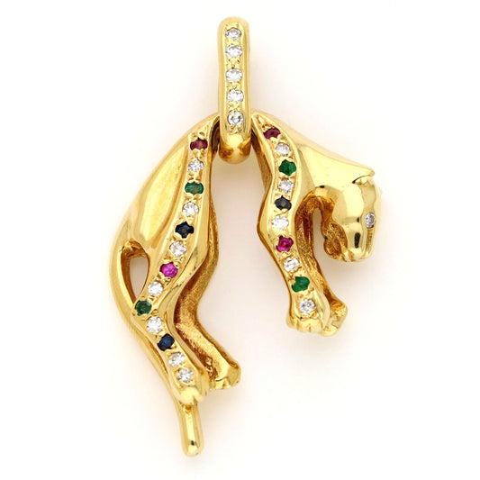 18 Carat Yellow Gold Diamond, Emerald, Ruby and Sapphire Hanging Panther Pendant