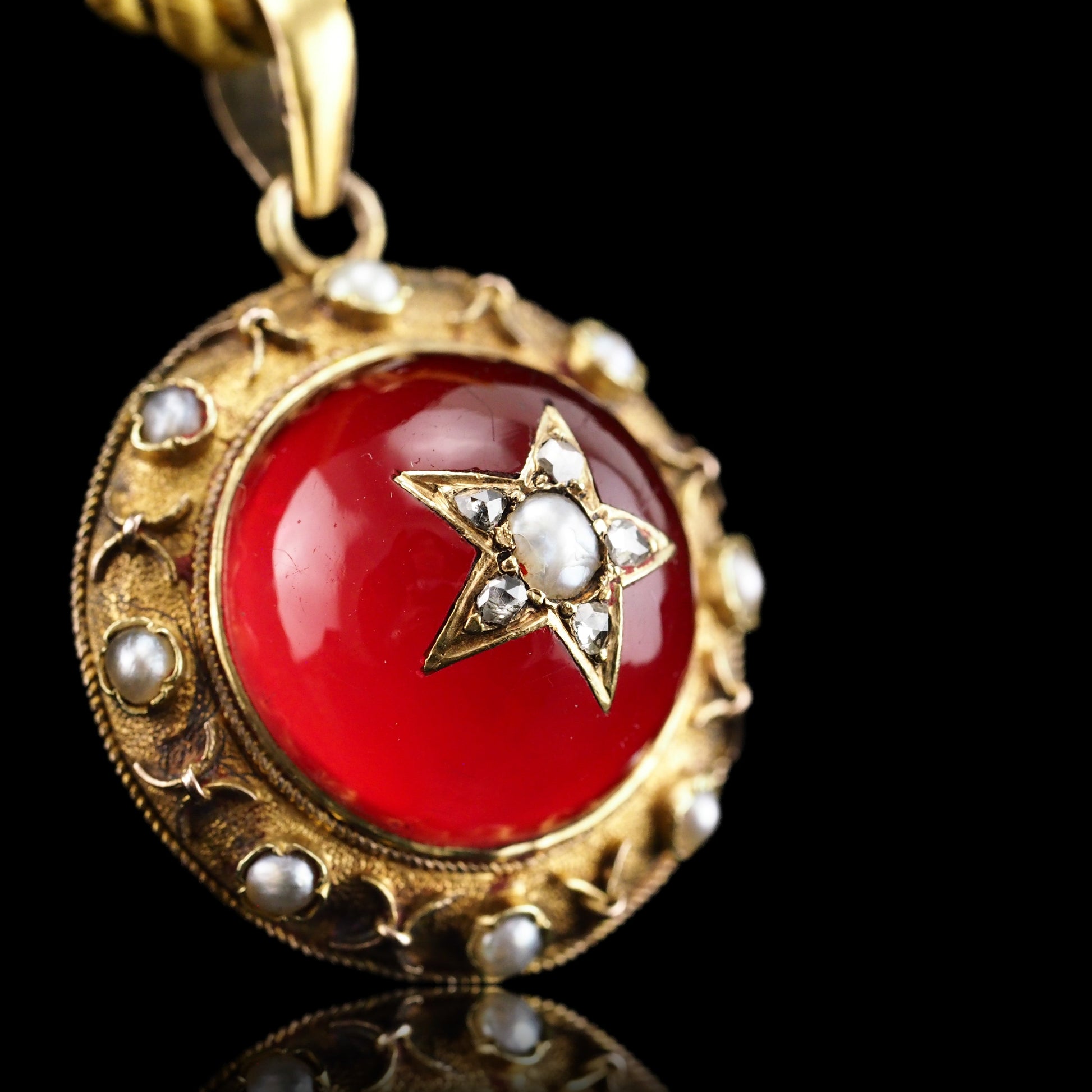 Antique Victorian Diamond & Pearl Star Necklace with Red Rock Crystal Cabochon 15ct Gold - c.1880