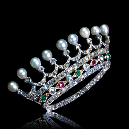 Antique French Ruby, Emerald, Diamond Pearl Crown Coronet Brooch 18K Gold c.1900