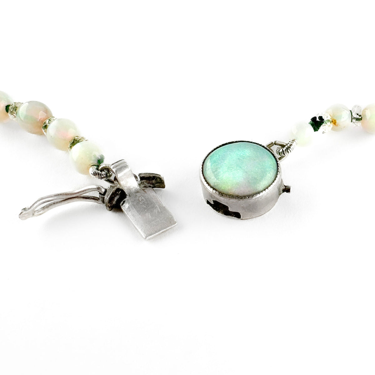 Edwardian Antique Opal Beaded Necklace with Rock Crystal and Opal Clasp