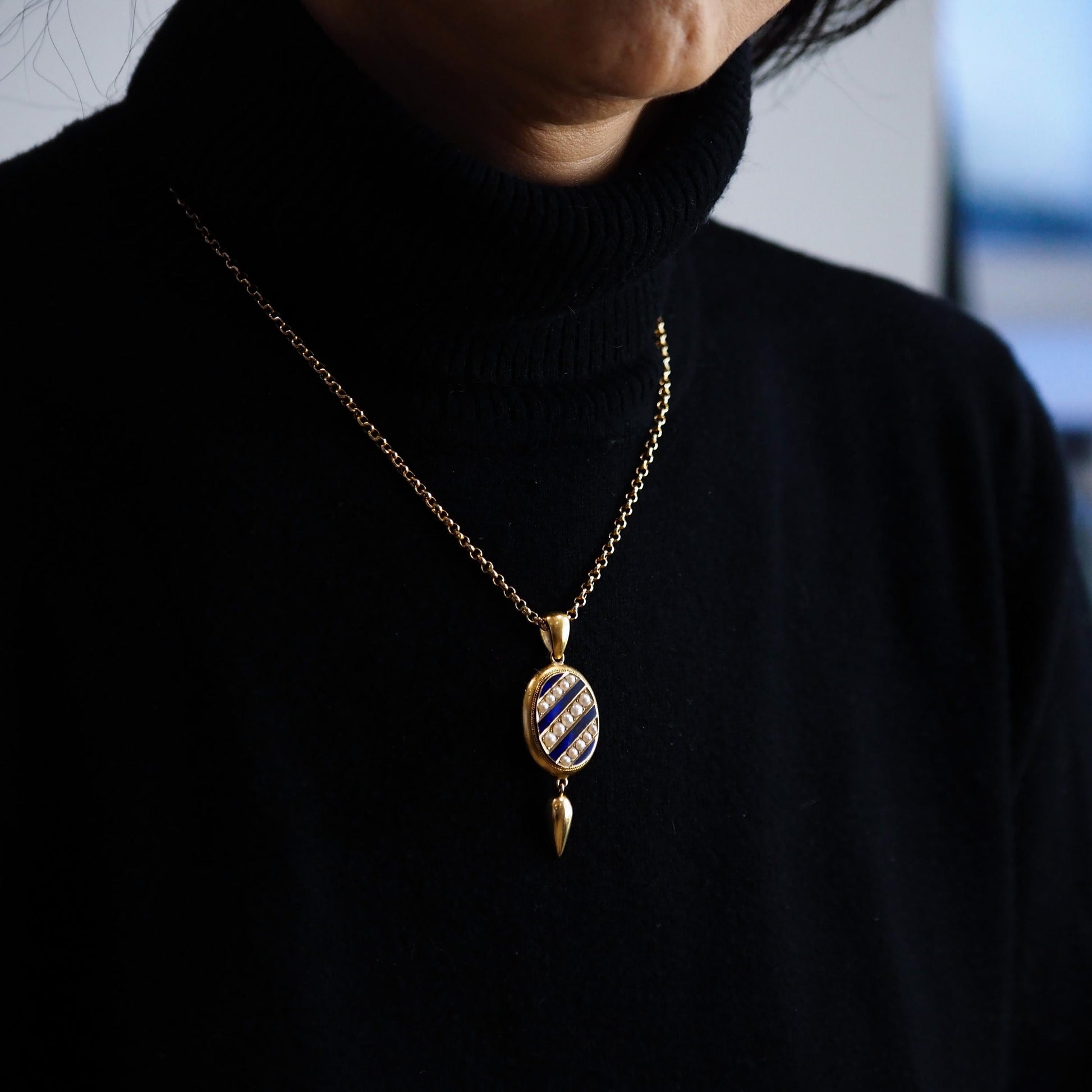 Antique Victorian 15ct Gold Blue Enamel and Pearl Pendant Locket Necklace - c.1880