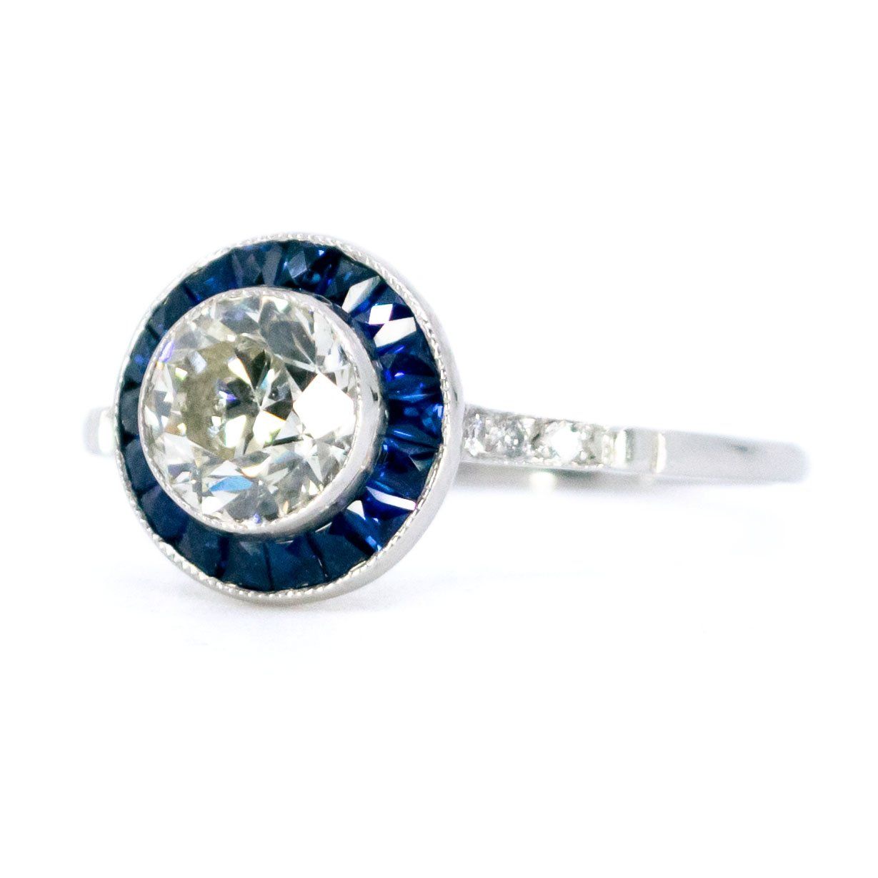 1ct Old European Cut Diamond and Sapphire Halo Target Cluster Ring in Platinum