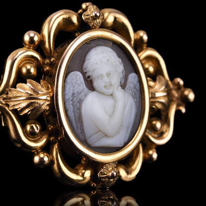 Antique Victorian Cherub Cameo Brooch 18K Gold Ornate Frame - c.1860