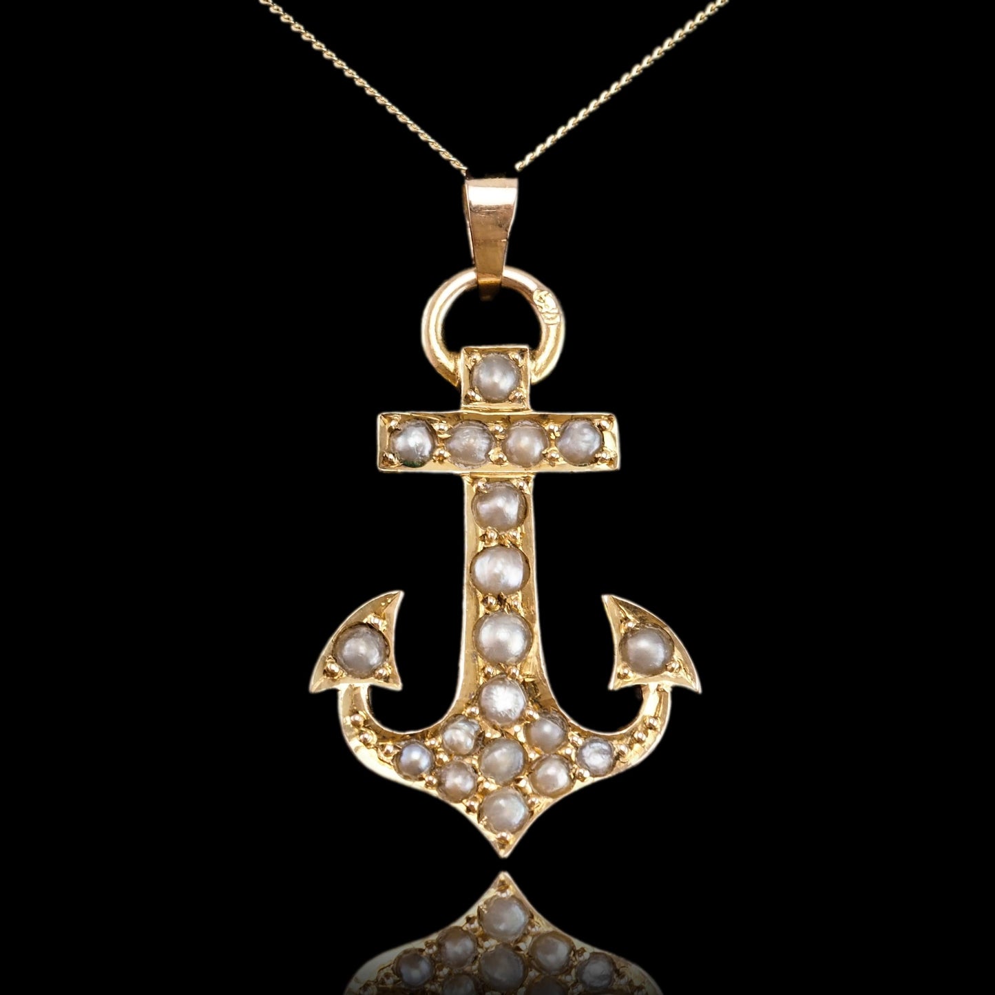 Antique Victorian Pearl Anchor Pendant Necklace 15K Gold - c.1900