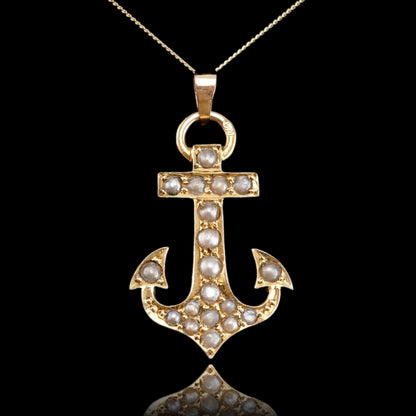 Antique Victorian Pearl Anchor Pendant Necklace 15K Gold - c.1900