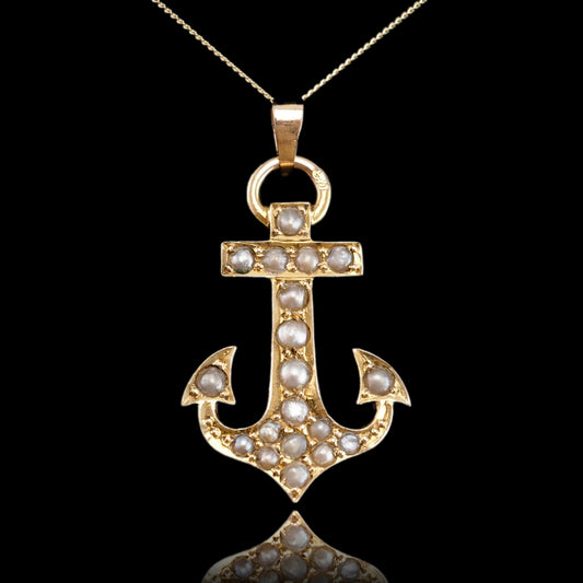 Antique Victorian Pearl Anchor Pendant Necklace 15K Gold - c.1900