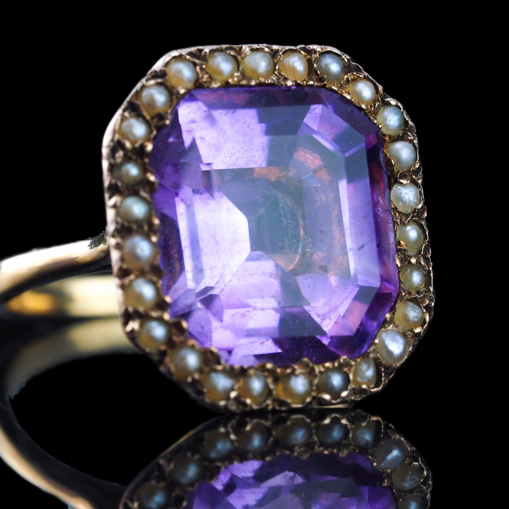 Antique Edwardian 18K Gold Amethyst & Pearl Ring Emerald Cut - c.1900