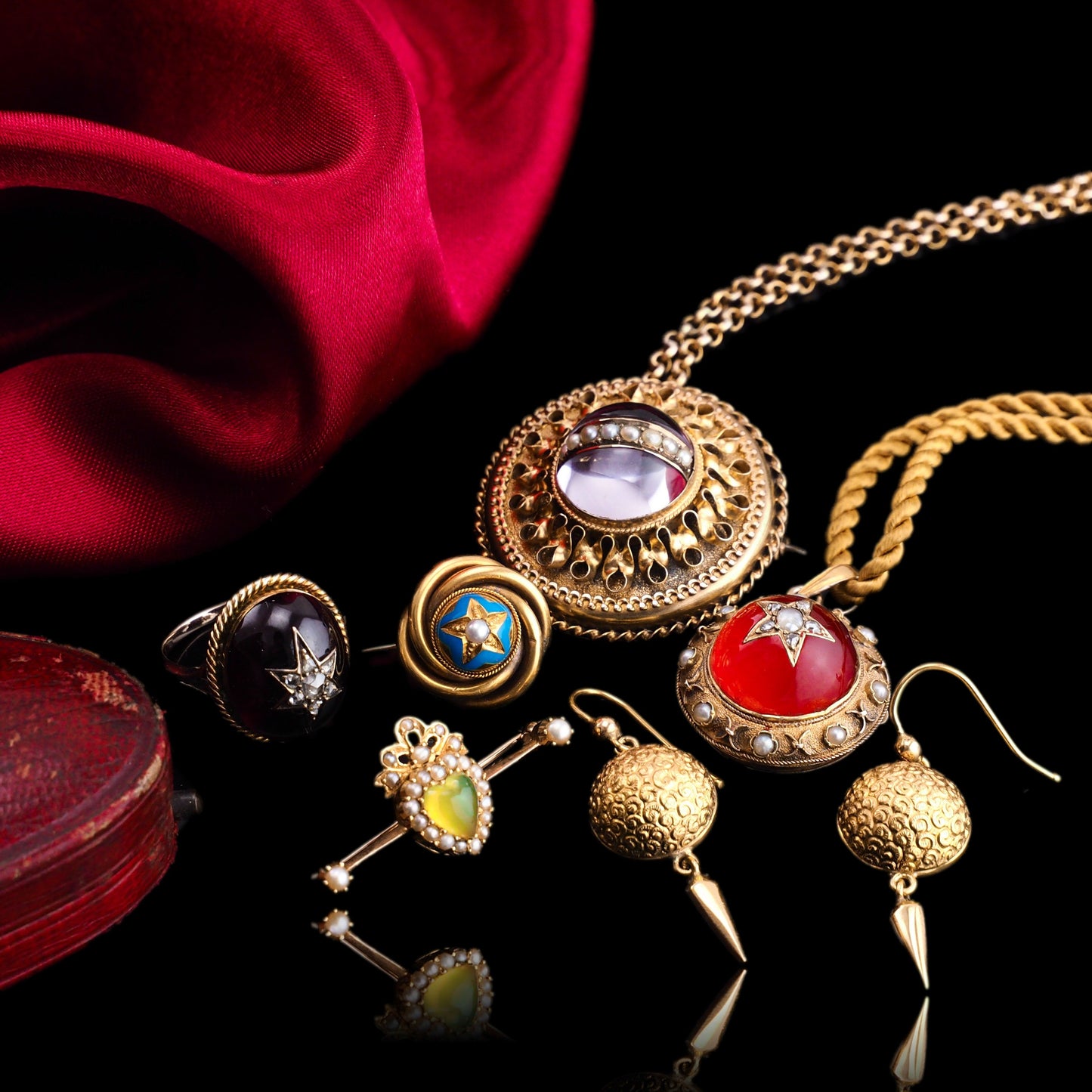 Antique Victorian Diamond & Pearl Star Necklace with Red Rock Crystal Cabochon 15ct Gold - c.1880