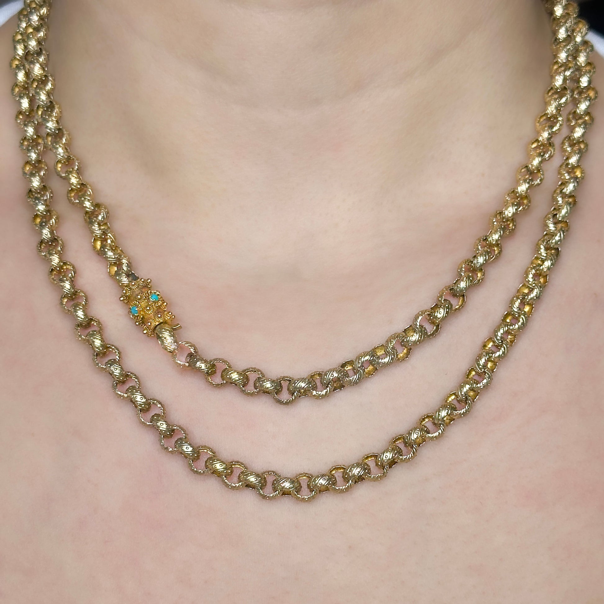 Georgian Antique Fancy Link Guard Chain Necklace with Turquoise Clasp