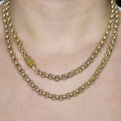 Georgian Antique Fancy Link Guard Chain Necklace with Turquoise Clasp