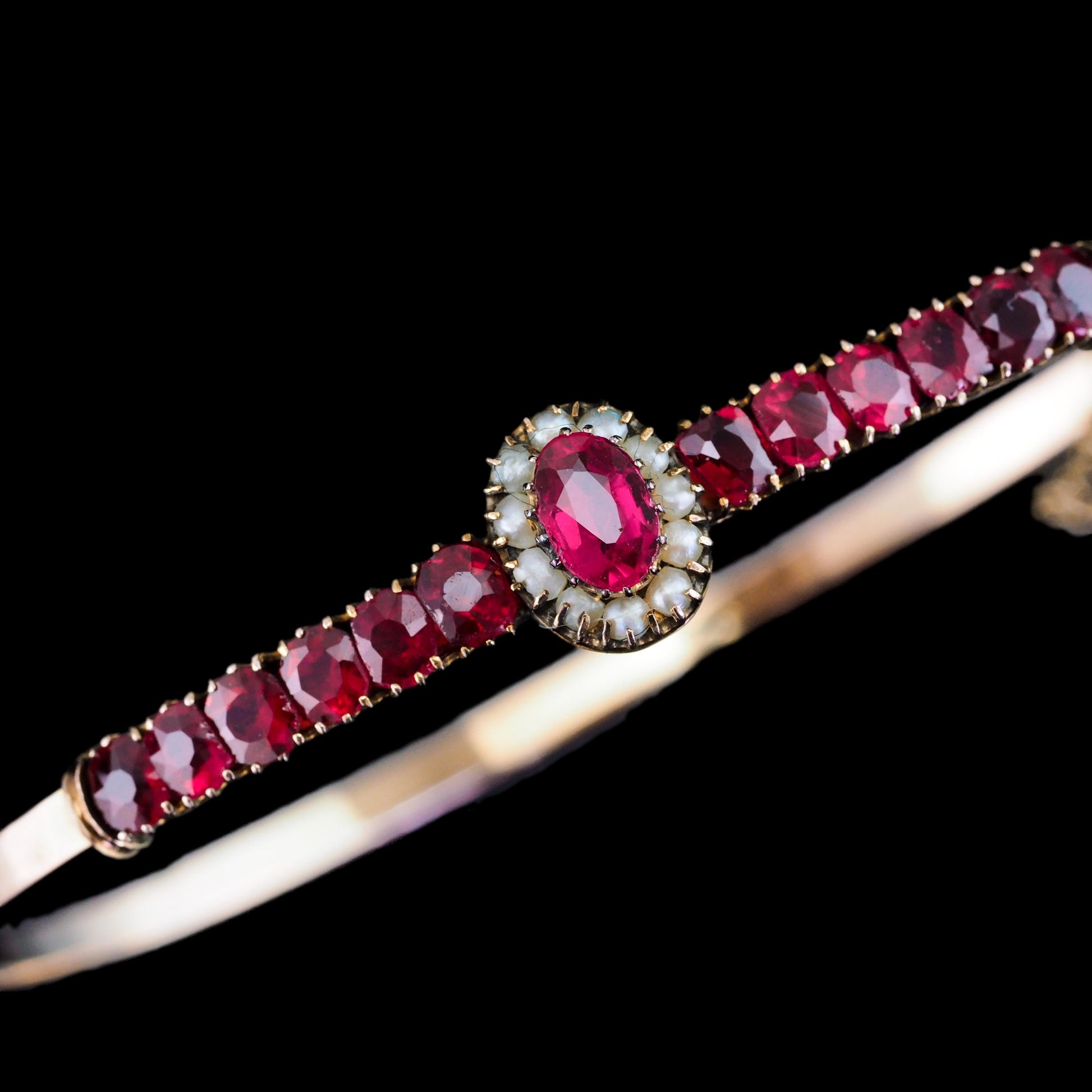 Antique Pink Garnet and Seed Pearl Bangle Bracelet