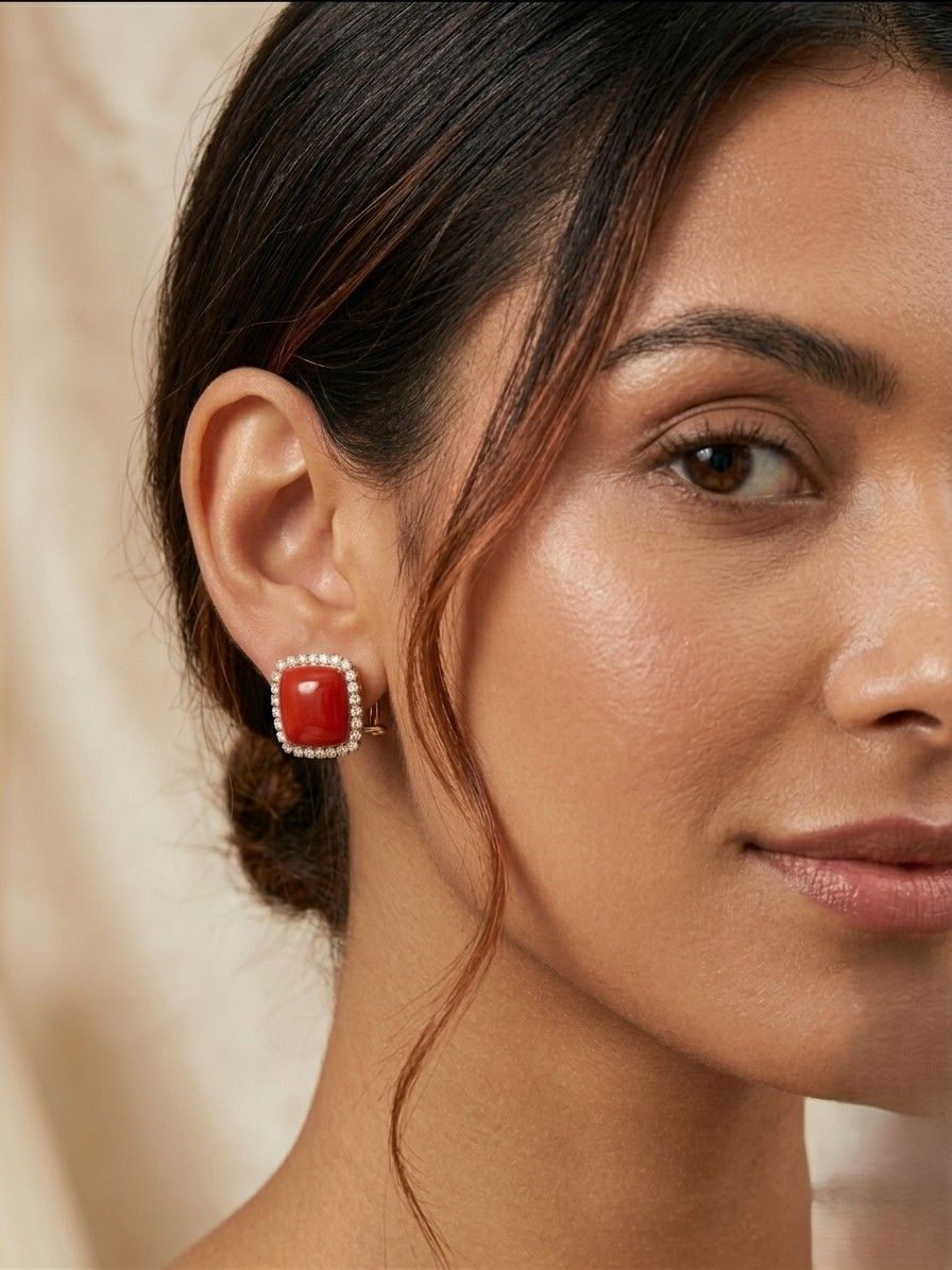 Italian Sensational Red Coral 3.00 Ct Diamond Square Earrings 18 KT