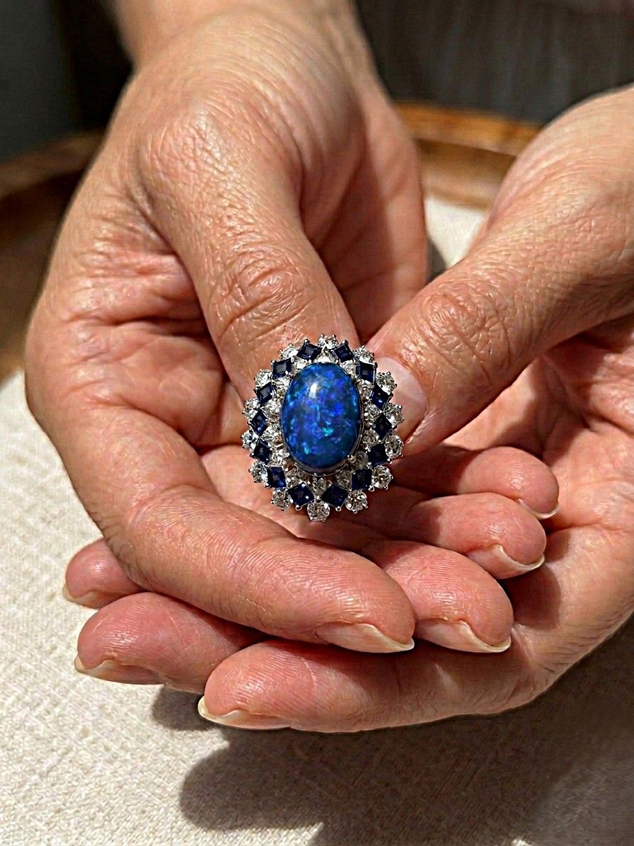 9.0 Ct. Australian Black Opal Diamond Sapphire Platinum Ring