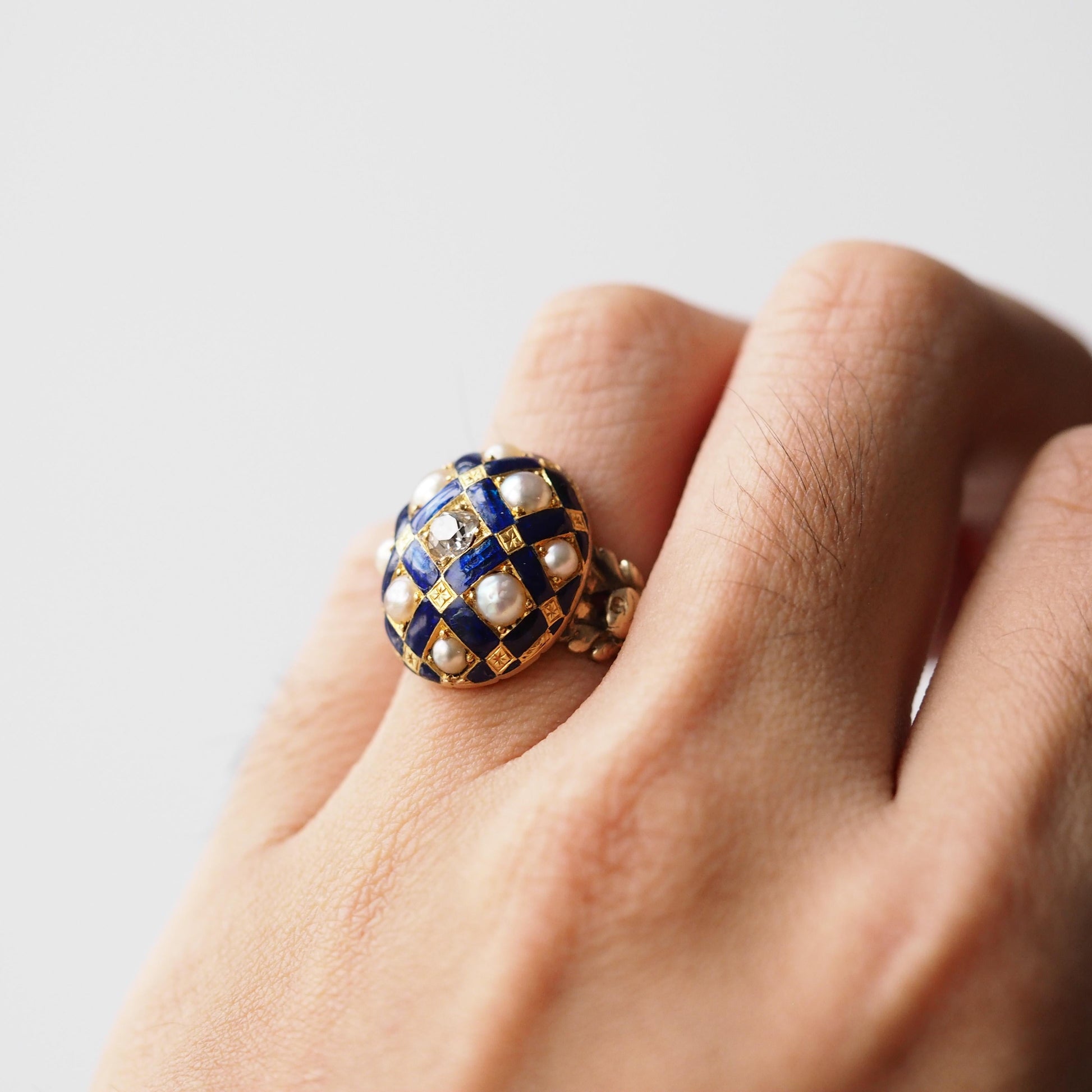 Victorian Antique Blue Enamel Diamond and Pearl Ring