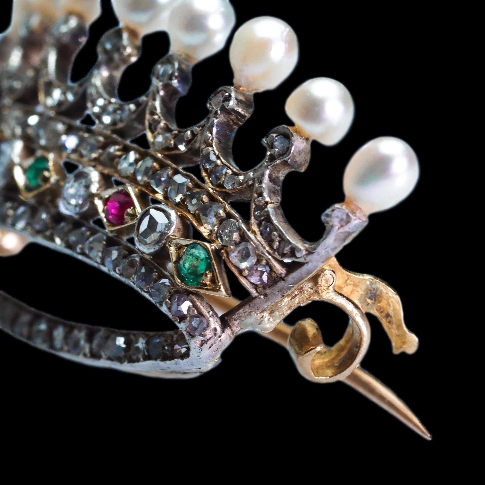 Antique French Ruby, Emerald, Diamond Pearl Crown Coronet Brooch 18K Gold c.1900