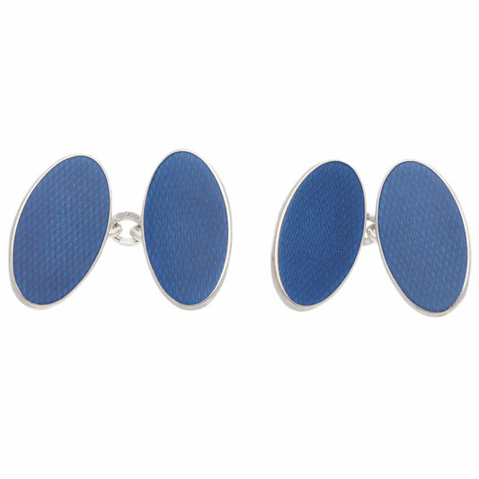Contemporary Navy Blue Enamel Elongated Oval Chain Cufflinks