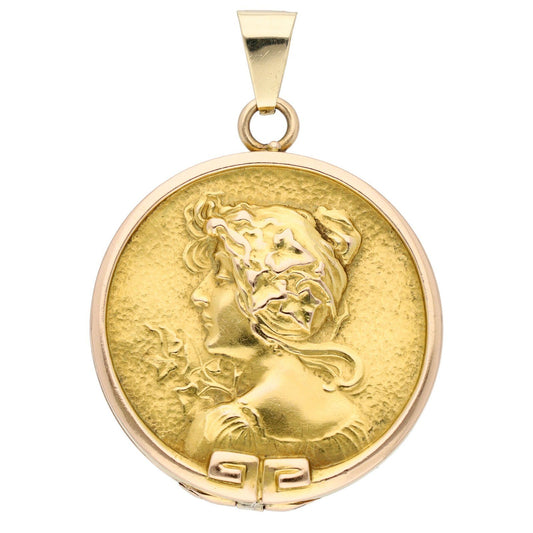 Art Nouveau Antique Gold Locket Pendant with Maiden in Relief