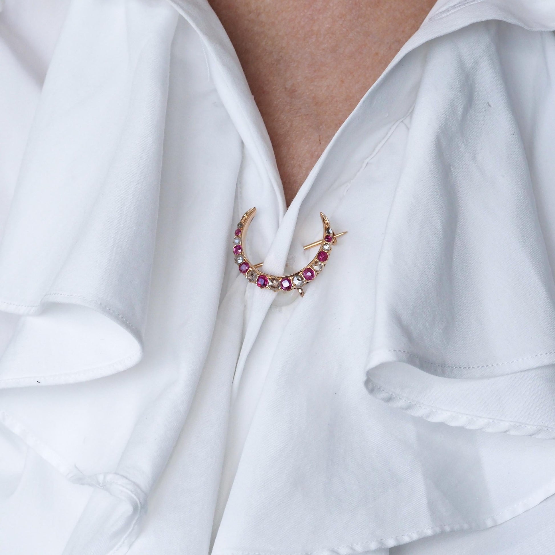 Victorian Antique Victorian Ruby and Old Cut Diamond Crescent Brooch