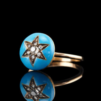 Antique Victorian Diamond Star Ring 9ct Gold Blue Enamel Cabochon - c.1890