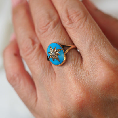 Antique Victorian Blue Enamel & Gold Star Pearl Ring 9K Gold - c.1880