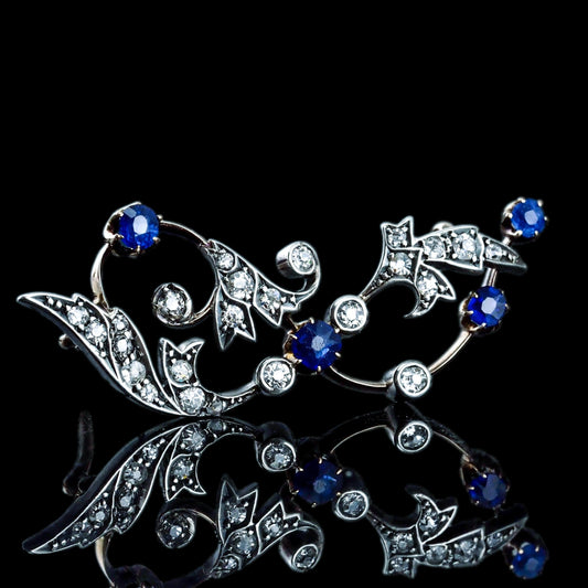 Antique Victorian Sapphire and Old Cut Diamond Brooch with Foliate Motif, Circa 1880