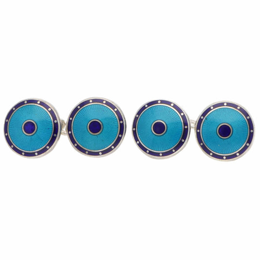 Navy Blue and Turquoise Enamel Round Chain Cufflinks