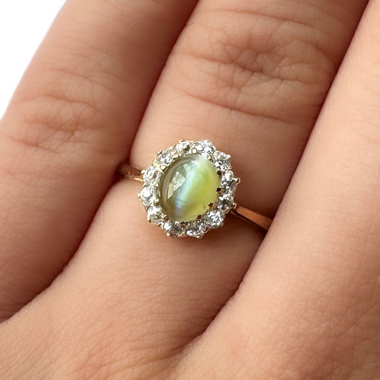 Edwardian Chrysoberyl Cat’s Eye And Diamond Cluster Ring