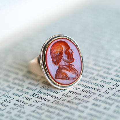 Antique 18K Gold Carnelian Intaglio Ring, Side Profile Gentleman - 19th century.