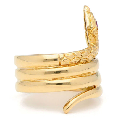 Vintage 18 Carat Yellow Gold Coiled Snake Ring with Ruby Eyes
