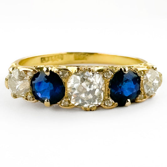 Victorian Antique No Heat Ceylon Sapphire and Old Cut Diamond Five Stone Half Hoop Engagement Ring