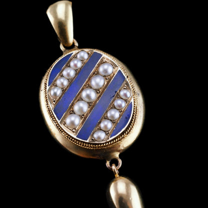 Antique Victorian 15ct Gold Blue Enamel and Pearl Pendant Locket Necklace - c.1880